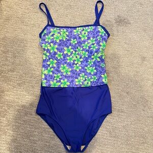 Vintage Y2K Krista Blue & Green Floral Tankini Top and Bottom Swimsuit-Size 16W